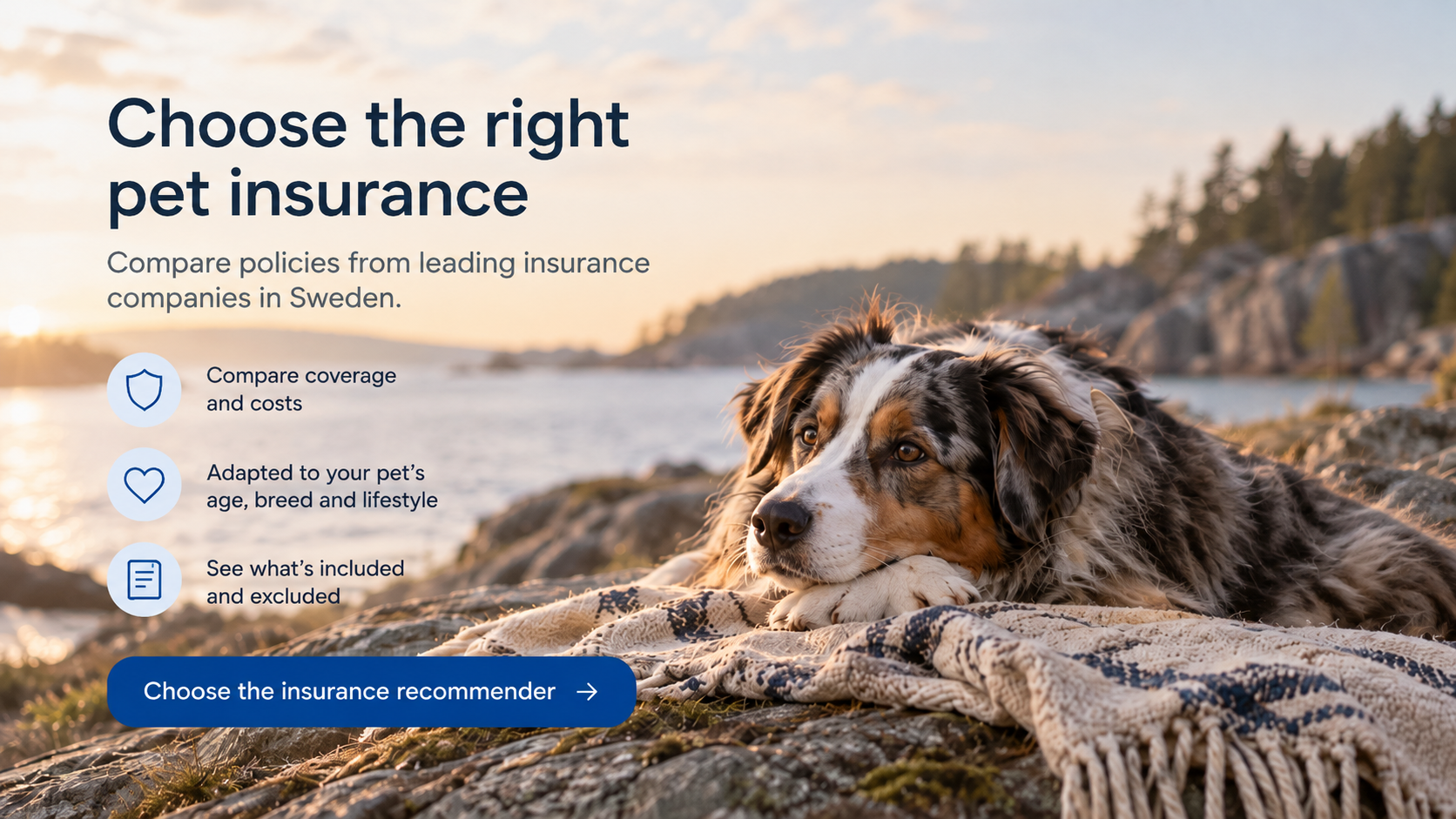 Choose the right pet insurance: a dog resting beside a lake